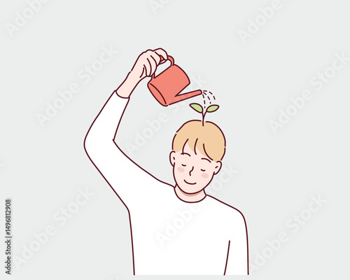 Thinking positive mindset. Man watering flowers on her head with watering can. Conscious man optimist. Good mood and happy character. Hand drawn style vector design illustrations.