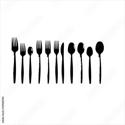 spoon and fork set. Set of restaurant icons. Silhouette cutlery icon, Steel Spoon Set, Spoon Set, Cutlery Set, Stainless Steel Spoon Set. Black cutlery set, Kitchen silhouette set.