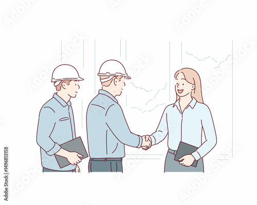 Engineer Team Meeting with Businessman at Construction Site. Hand drawn style vector design illustrations.
