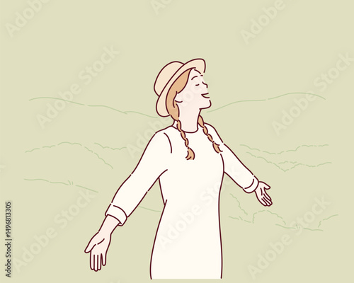 Woman Hiking with a Straw Hat, Feeling Free and Peaceful. Hand drawn style vector design illustrations.