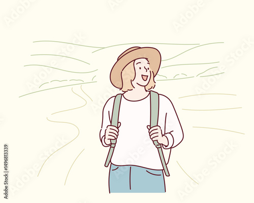 Woman Hiking in the Mountains Feeling Free. Hand drawn style vector design illustrations.