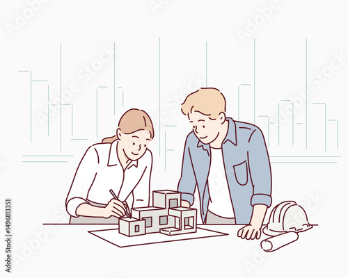 Two Architects Reviewing Design with Interior Model. Hand drawn style vector design illustrations.