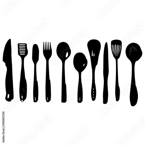 spoon and fork set. Set of restaurant icons. Silhouette cutlery icon, Steel Spoon Set, Spoon Set, Cutlery Set, Stainless Steel Spoon Set. Black cutlery set, Kitchen silhouette set.