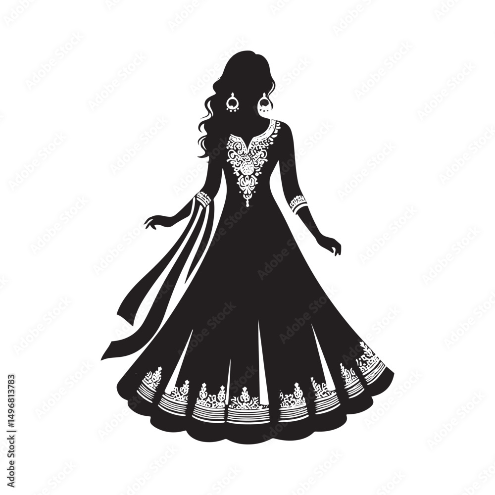 Fototapeta premium Elegant Anarkali Dress Silhouette Featuring Traditional Flowing Gown Design, Cultural Indian Fashion, Ethnic Wear Grace, Formal Attire Vector Illustration - Anarkali Dress Vector. 