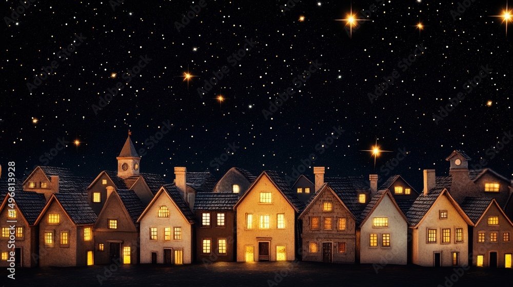 Fototapeta premium Cozy Village Scene Under a Starry Night Sky with Warm Lights