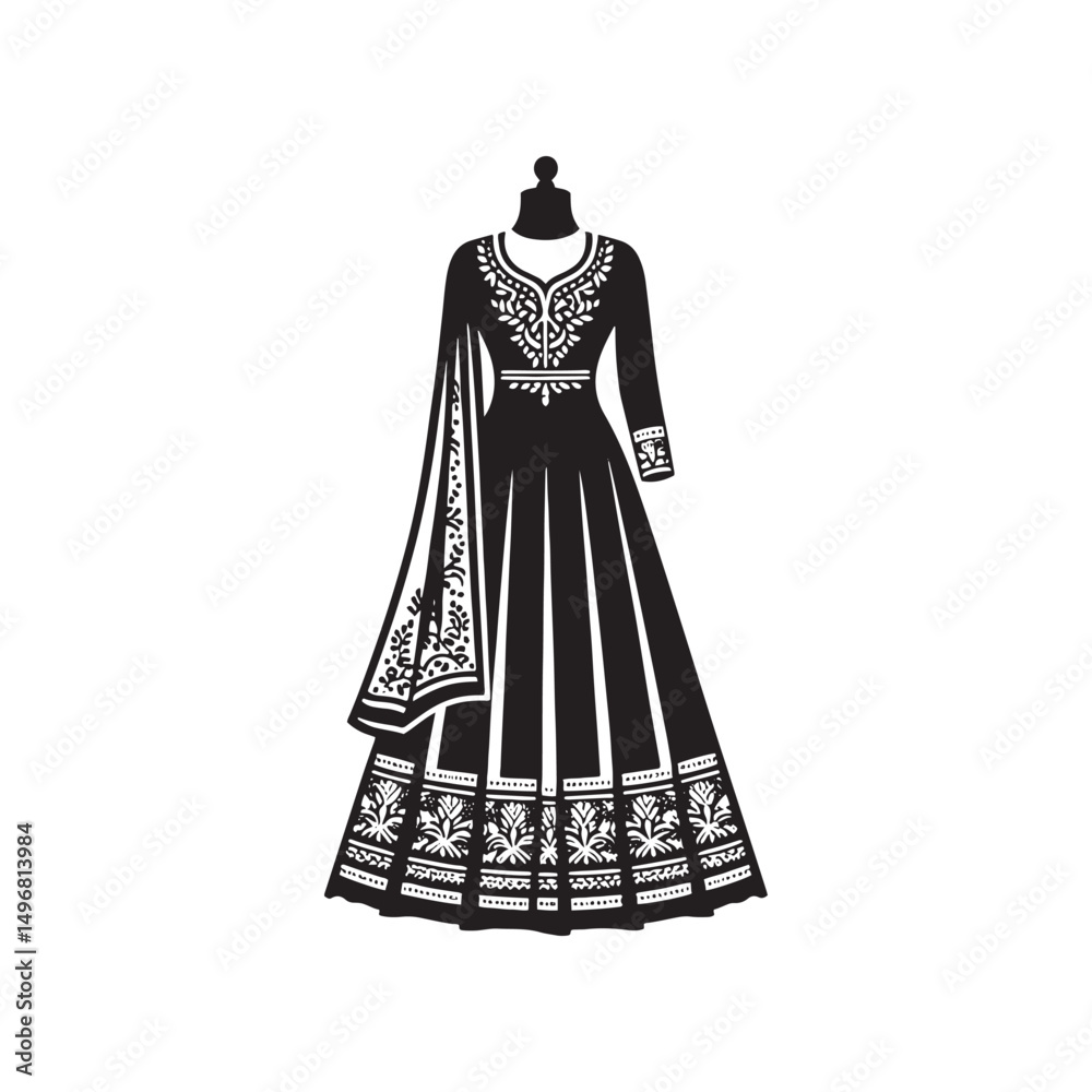 Fototapeta premium Elegant Anarkali Dress Silhouette Featuring Traditional Flowing Gown Design, Cultural Indian Fashion, Ethnic Wear Grace, Formal Attire Vector Illustration - Anarkali Dress Vector. 