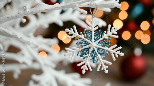Close-up of a snowflake ornament hanging on a white Christmas tree branch.  Blurred background with holiday lights and decorations