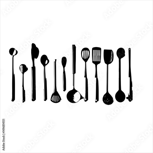 spoon and fork set. Set of restaurant icons. Silhouette cutlery icon, Steel Spoon Set, Spoon Set, Cutlery Set, Stainless Steel Spoon Set. Black cutlery set, Kitchen silhouette set.