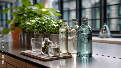 Wallpaper Mural Glass bottles, plants, city view, office kitchen, healthy drinks Torontodigital.ca