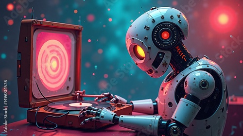 Robot DJ Spinning Vinyl in a Cyberpunk Universe