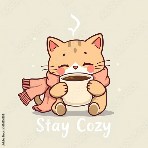 Cute Cat with Coffee Cup – Stay Cozy