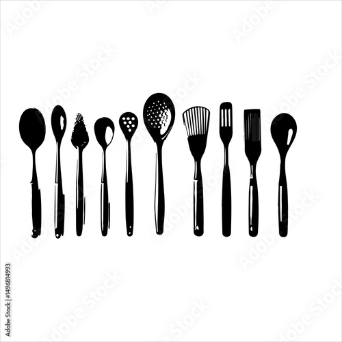 spoon and fork set. Set of restaurant icons. Silhouette cutlery icon, Steel Spoon Set, Spoon Set, Cutlery Set, Stainless Steel Spoon Set. Black cutlery set, Kitchen silhouette set.