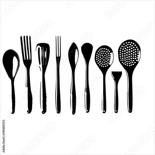 spoon and fork set. Set of restaurant icons. Silhouette cutlery icon, Steel Spoon Set, Spoon Set, Cutlery Set, Stainless Steel Spoon Set. Black cutlery set, Kitchen silhouette set.