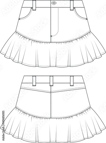 drop waist rise frilly frilled ruffled denim jean pencil cut mini short skirt template technical drawing flat sketch cad mockup fashion woman design style model 
