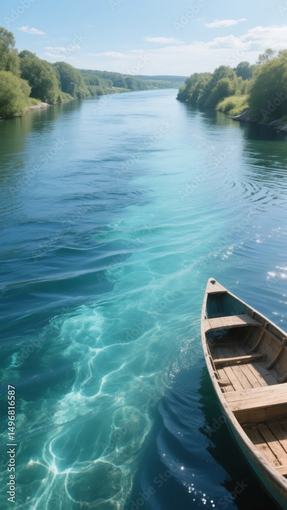 Obraz premium A wooden canoe floating on a clear, turquoise river surrounded by lush greenery