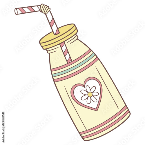 Cute Pastel Drink Bottle with Flower Heart Illustration