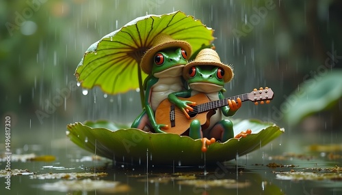 The frogs are wearing straw hats and are using another large lily pad as an umbrella to shield themselves from the rain