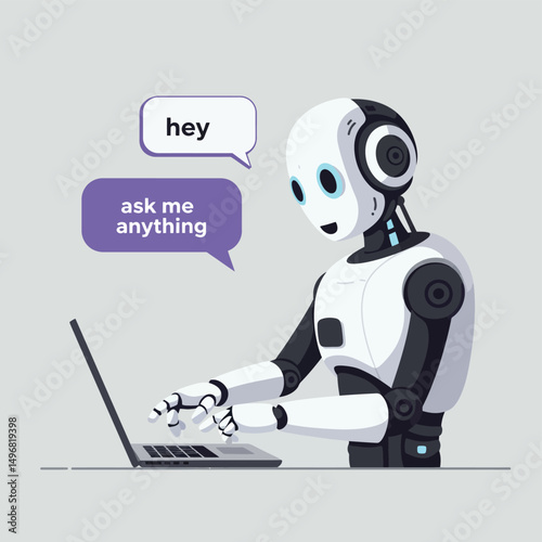 Humanoid Robot Typing on Laptop with AI Speech Bubbles