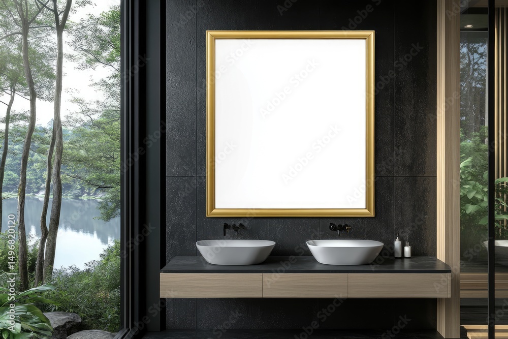 Fototapeta premium Modern bathroom with large framed art, panoramic view