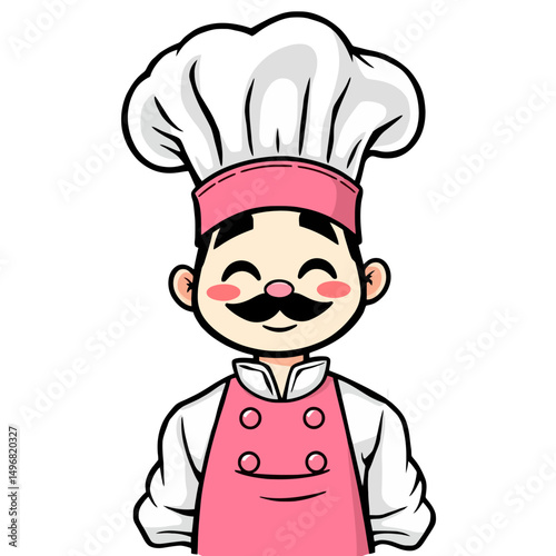 Happy cartoon chef with pink apron and hat