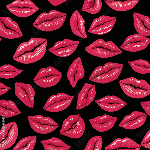 Bold Pink Lip Prints  Seamless Black Background Vector