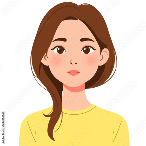Young woman with brown hair wearing yellow shirt