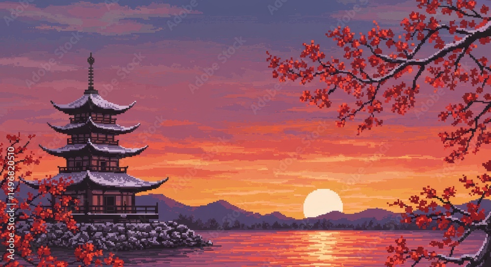 Obraz premium Winter Sunset Pagoda Pixel Art - Serene winter sunset scene, pixel art . Symbolizes peace, tranquility, beauty, the passage of time, and spiritual reflection