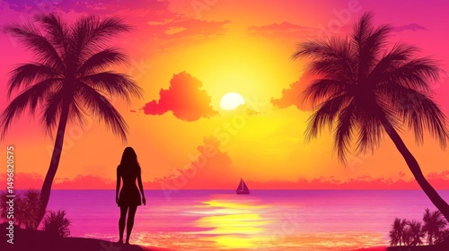 Silhouette of Woman at Sunset Beach