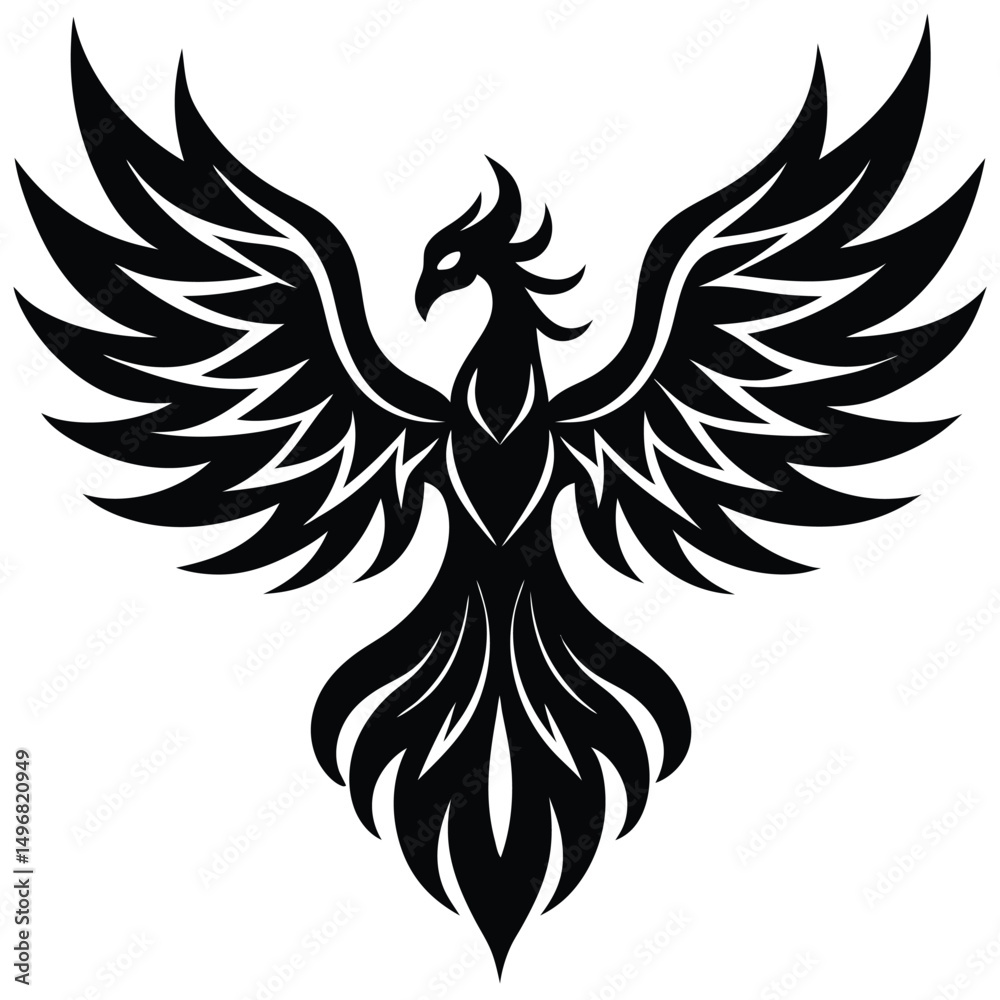 Obraz premium Majestic phoenix bird silhouette with ornate feathers, isolated tribal tattoo style vector art.