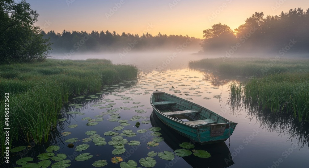 Obraz premium Sunrise Serenity: Rowboat on Misty Lake - Tranquil sunrise scene, rowboat on calm lake, misty forest backdrop, lily pads, peaceful nature. Symbolizes serenity, reflection, peace, solitude