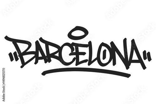 Barcelona graffiti tag in bold black lettering on white background. Clean urban style, perfect for vibrant Spanish city culture, artistic vibes, and creative street art projects.