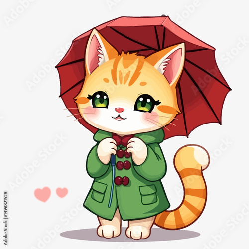 Adorable orange kitten in green raincoat with red umbrella