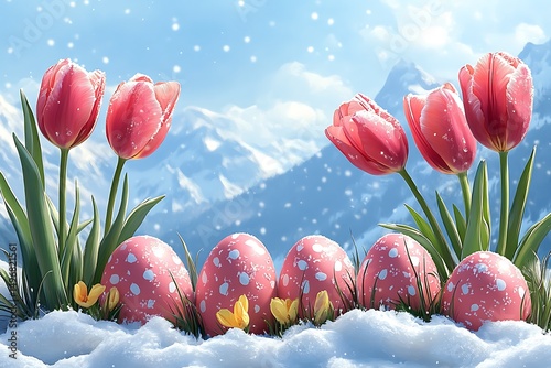 Pink tulips easter eggs snowy mountain spring