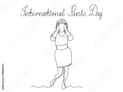 International Panic Day. Girl,woman panicking,angry,screaming,nervous,indignant, continuous single line art hand drawing sketch logo
