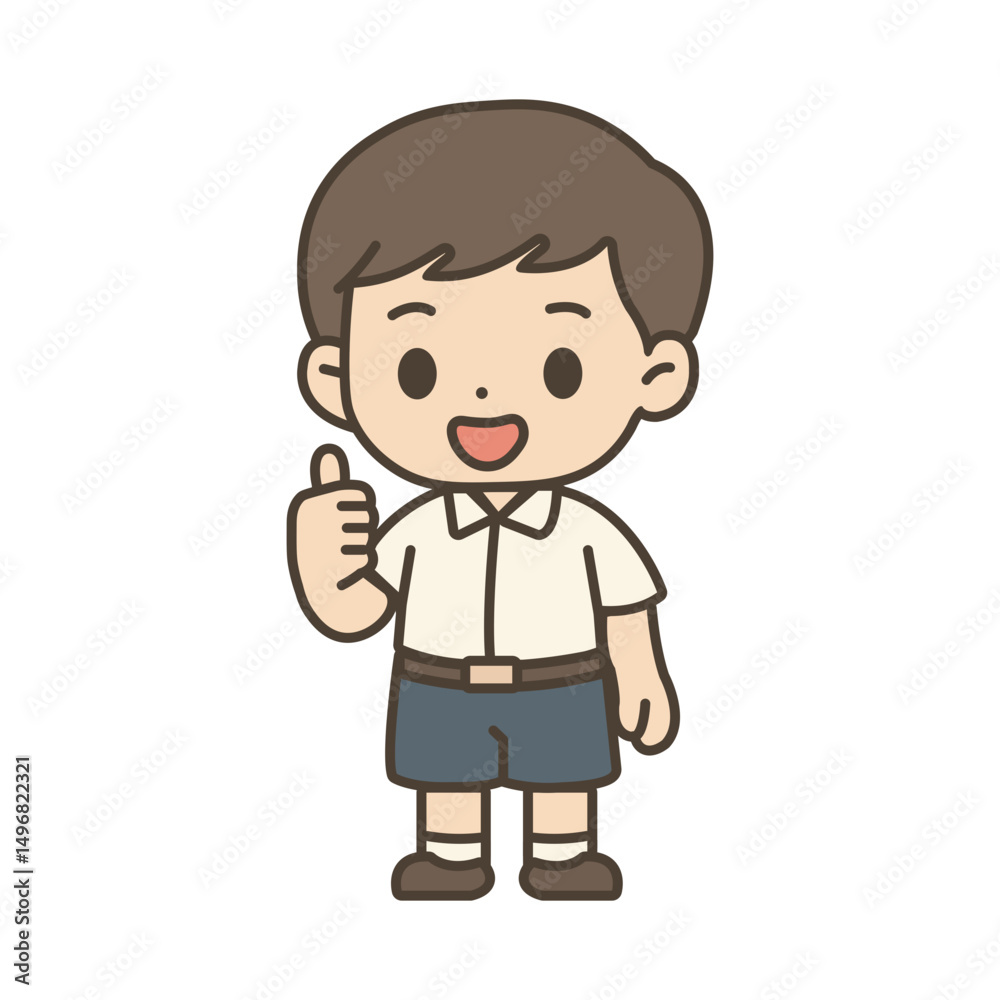 Cute Thai School Boy in Uniform Cartoon Vector Illustration