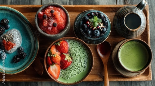 Healthy breakfast bowls, matcha, tea, tray, overhead, studio