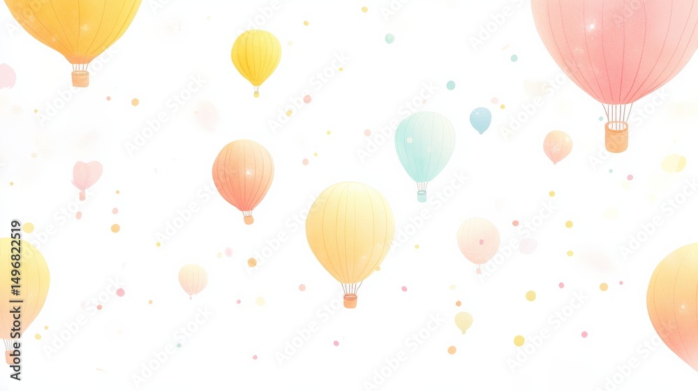 Fototapeta premium Colorful Hot Air Balloons Floating in Bright Sky with Soft Pastels