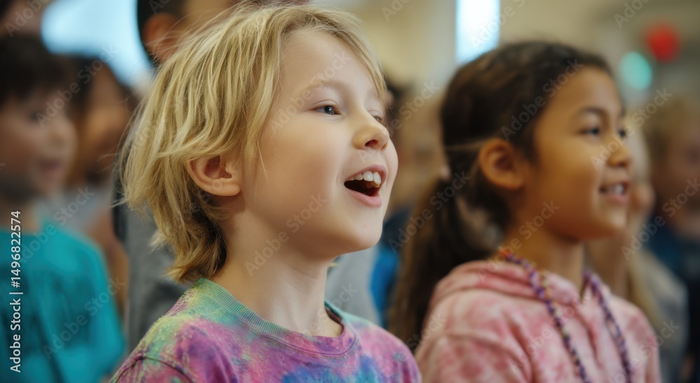 Obraz premium Children Singing in School Choir With Colorful Clothing, Representing Youthful Joy and Elementary Education : Generative AI