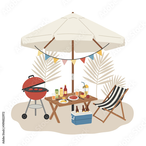 Summer Beach BBQ Party with Food and Drinks Under Umbrella