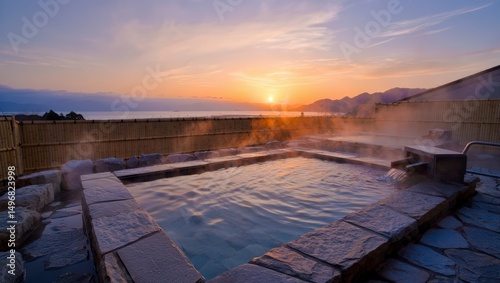 stunning view of sunset above the onsen