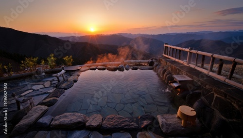 sunrise over the natural japanese onsen