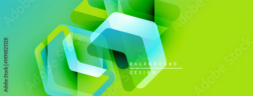 Abstract geometric shapes overlap. Vibrant green, blue gradients create modern design. Background suggests technology, innovation.