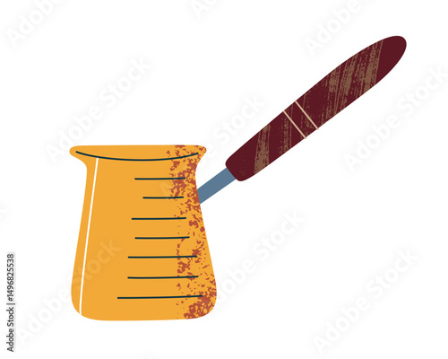 Vector illustration of copper cezve with wooden handle, textured metal surface. Traditional coffee pot for brewing on stove, flat cartoon cozy and rustic kitchen element, home coffee making icon