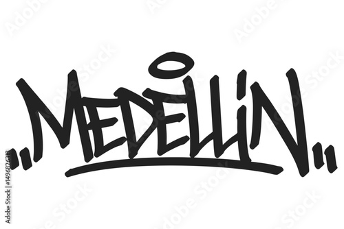 Medellín graffiti tag in bold black lettering on white background. Clean urban style, perfect for vibrant Colombian culture, street vibes, and creative art projects.