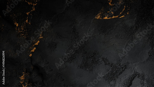 Dark black abstract cement concrete wall texture background. Black grunge textured wall closeup with golden effect