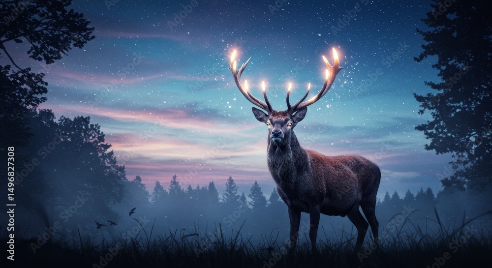 Naklejka premium Ethereal Night Deer - A majestic deer with glowing antlers stands in a mystical forest under a starry night sky, symbolizing magic, nature, serenity, wonder, and the power of dreams