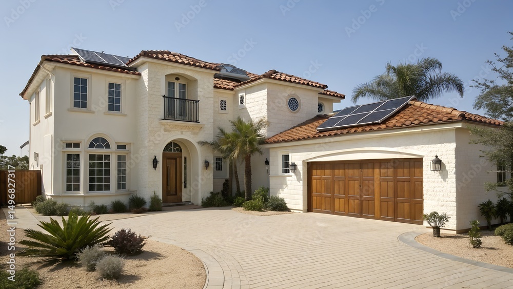 Fototapeta premium Luxury Home with Solar Panels and Red Tile Roof