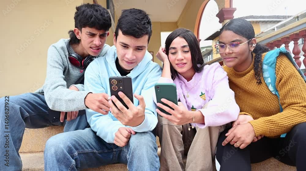 Latino high school students using smartphones sitting on school steps, video 4k real time