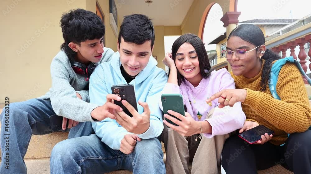 Latino high school students using smartphones sitting on school steps, video 4k real time