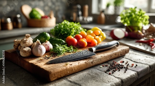 Kitchen prep vegetables, knife, wooden board, cooking